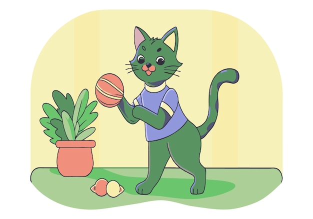 Vector un gato tiene una pelota de baloncesto en la boca