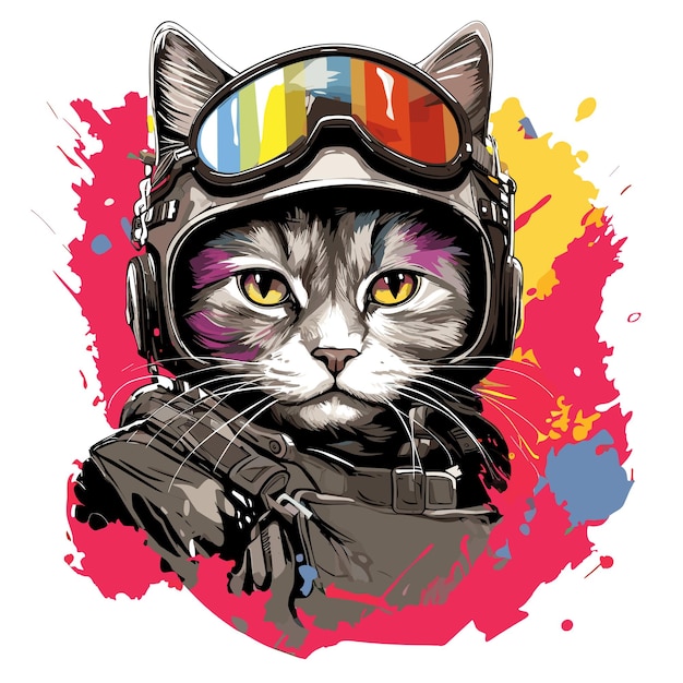 Gato con tocado militar y uniforme militar aislado sobre fondo blanco en estilo pop art vectorial plantilla para póster adhesivo de camiseta, etc.