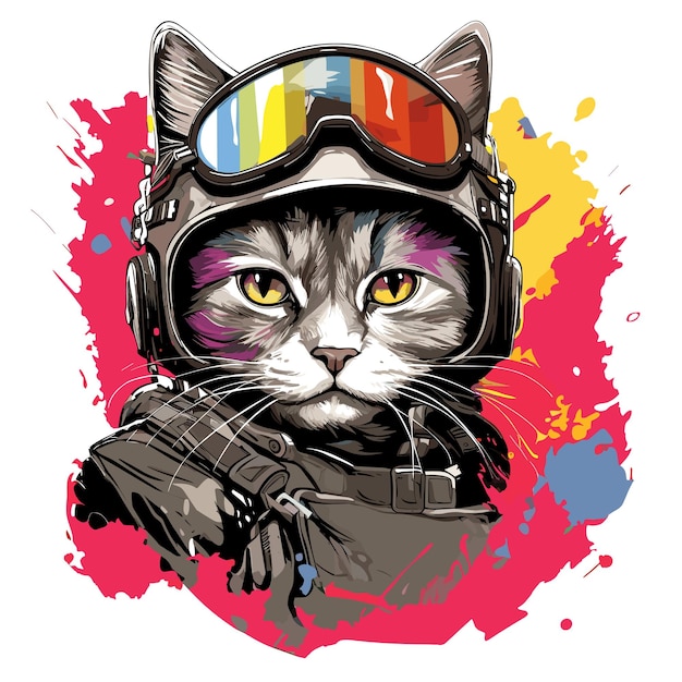 Gato con tocado militar y uniforme militar aislado sobre fondo blanco en estilo pop art vectorial Plantilla para póster adhesivo de camiseta, etc.