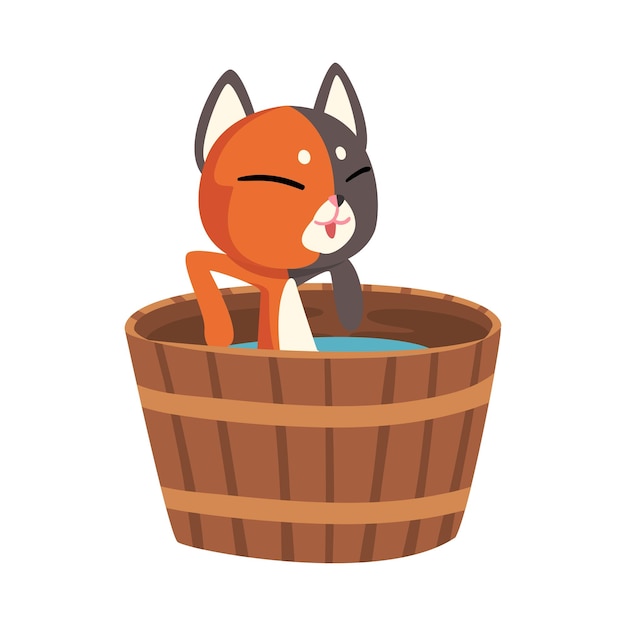 Vector gato tomando un baño de aguas termales japonesas animales de compañía divertidos disfrutando del procedimiento de spa en barril de madera ilustración vectorial de onsen