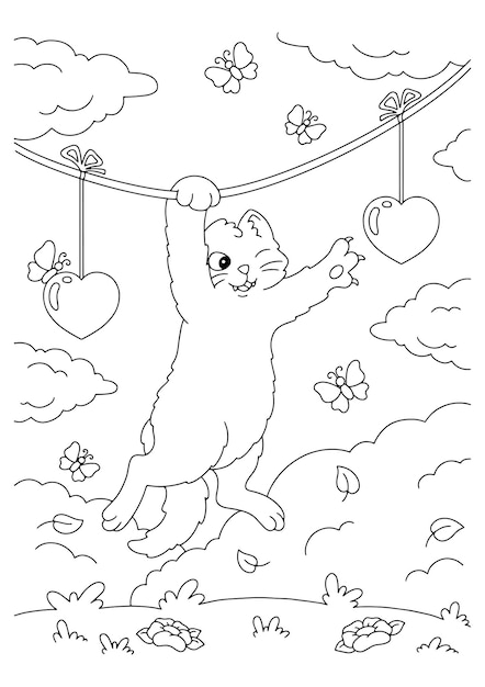El gato está tratando de llegar al corazón. página de libro para colorear para niños. día de san valentín.