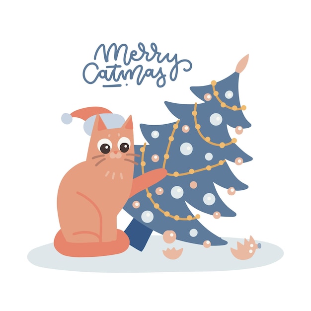 Gato travieso droping un árbol de navidad decorado navidad vector plano ilustración tarjeta banner cartel prin ...