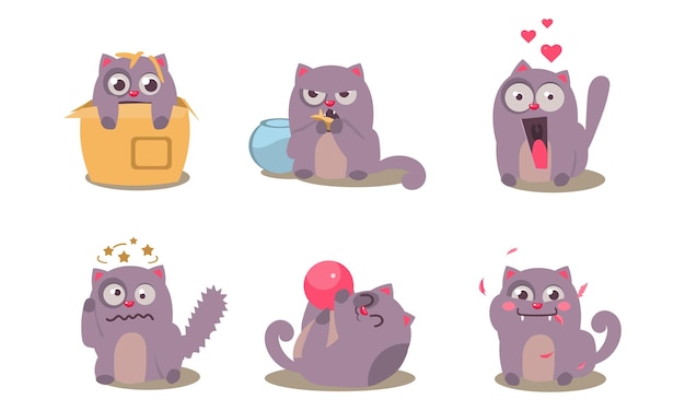 Gato travieso gris en diferentes situaciones con varias emociones establece vector de caracteres animales divertidos ilustración aislada sobre fondo blanco