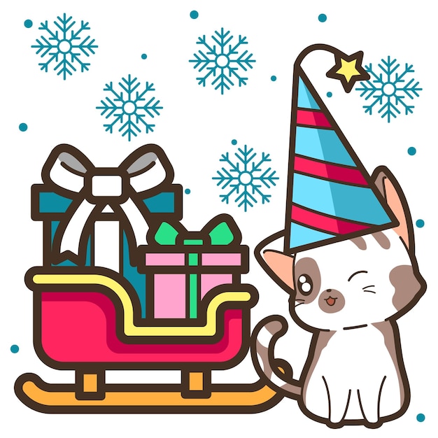 Vector gato con trineo en fiesta de navidad