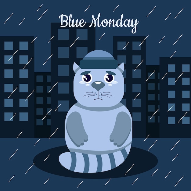 Gato triste en la ilustración del lunes azul