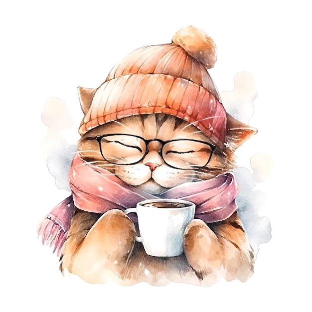 Gato en el turbante con una taza de café acuarela sobre fondo blanco
