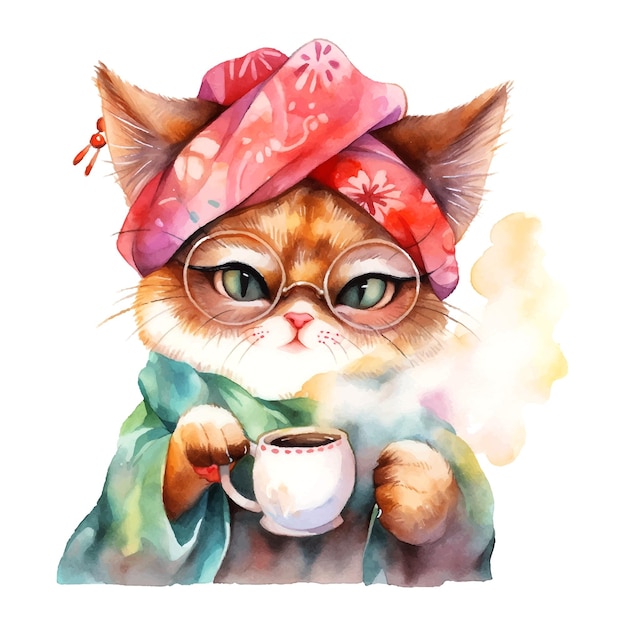 gato en el turbante con una taza de café acuarela sobre fondo blanco