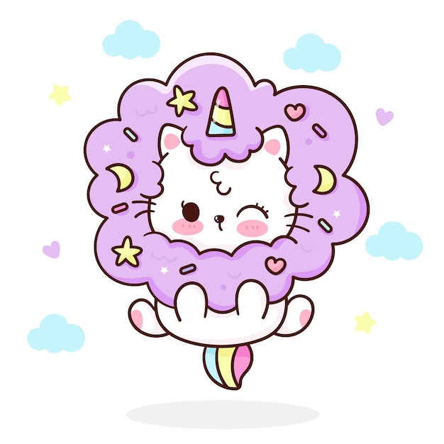 Gato unicornio en dibujos animados kawaii de nube de algodón de azúcar