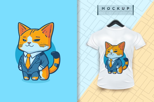 Un gato con un uniforme como un oficinista y un hombre de negocios con un diseño de caricatura plana