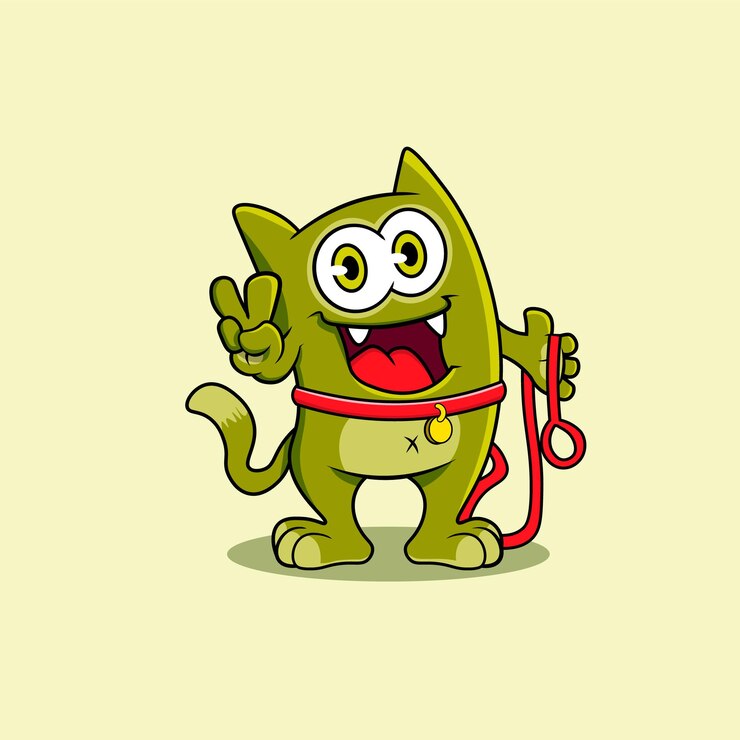 Gato verde con correa roja y collar.