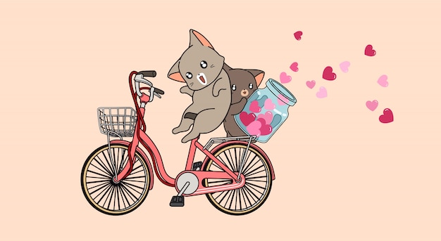 Gatos adorables están montando bicicleta y extendiendo el corazón