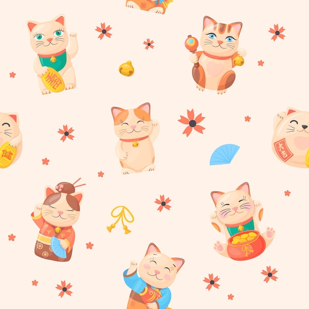 Los gatos afortunados patrón japonés maneki neko gatito papel tapiz sin costuras dinero chino símbolo de la fortuna talismán de la fortuna gato kawaii juguetes Japón recuerdos muñecas neco ilustración vectorial