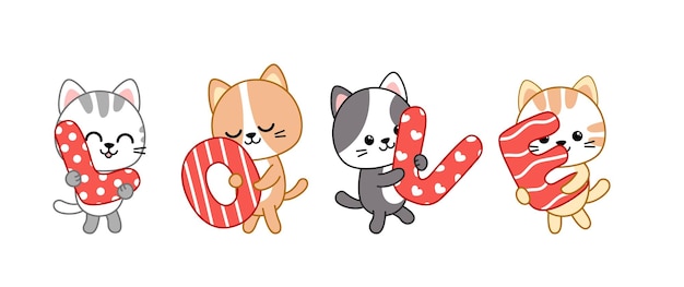 Los gatos alegres están sosteniendo cartas de amor tarjeta de día de San Valentín dibujos animados kawaii vector eps 10
