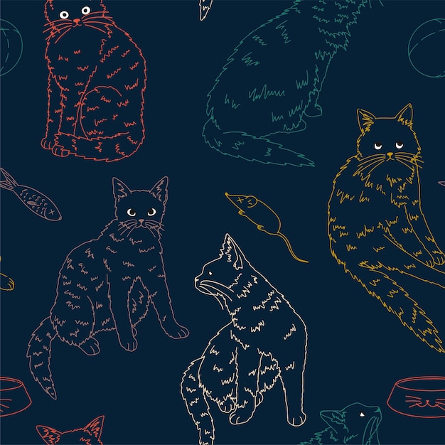 Gatos, animales de compañía, divertidos gatitos de patrones sin fisuras. ilustración de vector dibujado a mano. adorno de color. diseño para decoración, papel tapiz, fondo, textil.