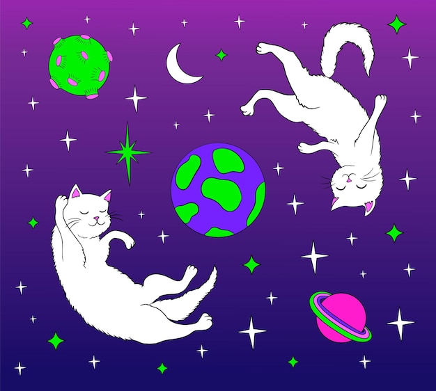 Vector gatos blancos psicodélicos en gravedad cero viajes espaciales geniales
