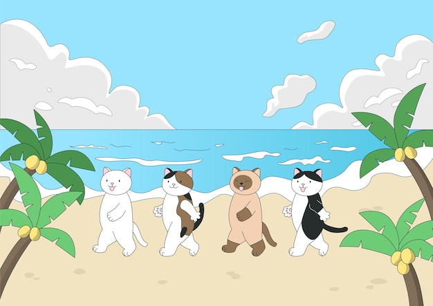 Gatos caminando en una playa tropical