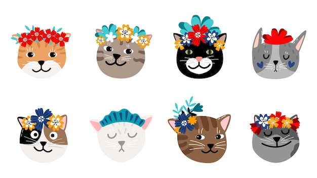 Gatos en coronas de flores. Caras de gato, lindas mascotas usan elementos florales. Boho doodle conjunto de vectores de emoticonos de gatito de dibujos animados