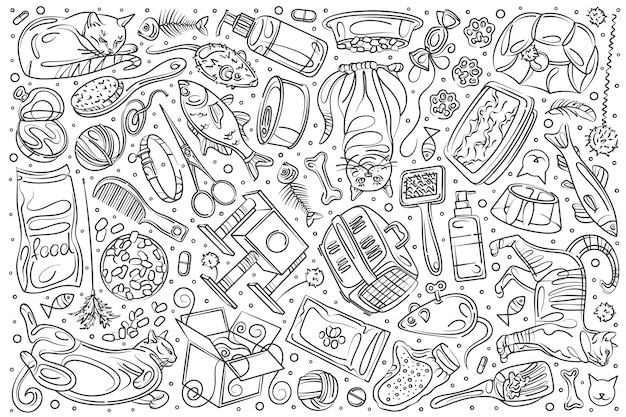 Los gatos dibujados a mano son mejores amigos set doodle
