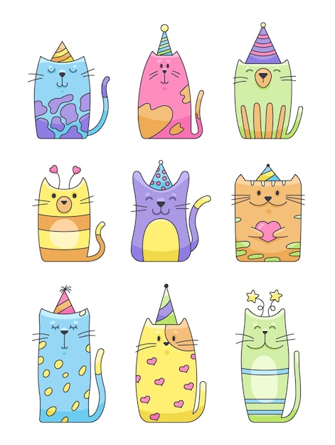 Gatos de dibujos animados festivos con sombreros de fiesta Estilo dibujado a mano gracioso Celebración de cumpleaños