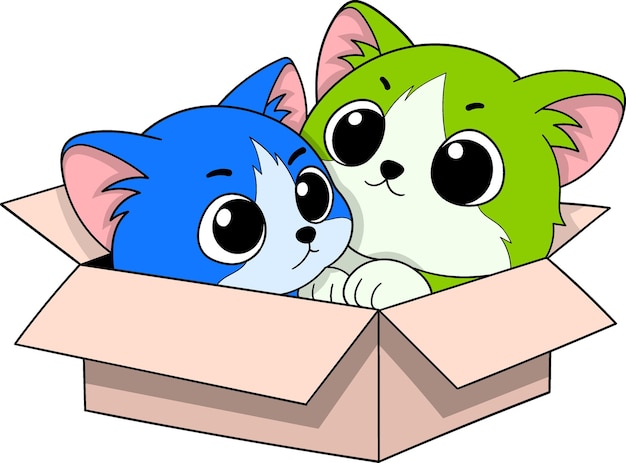 Gatos de dibujos animados lindos en una caja Ilustración de dúo de gatos coloridos