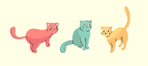 Gatos de dibujos animados lindos en un motivo retro gatitos muy coloridos en la colección Conjunto de animales simples dibujados a mano Elemento gráfico para varios diseños Ilustración vectorial