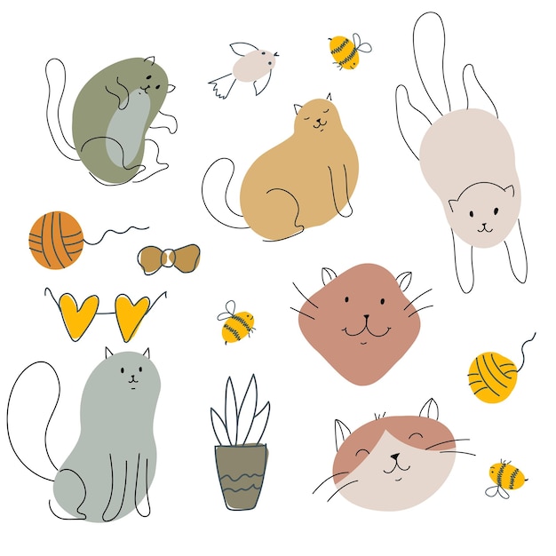 Gatos divertidos en diferentes poses Gatitos simples de manchas y líneas Estampado animal lindo Ilustración vectorial aislada sobre fondo blanco