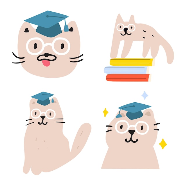 Gatos divertidos e inteligentes. colección de gatos con gafas y sombreros de graduación. ilustración vectorial dibujada a mano