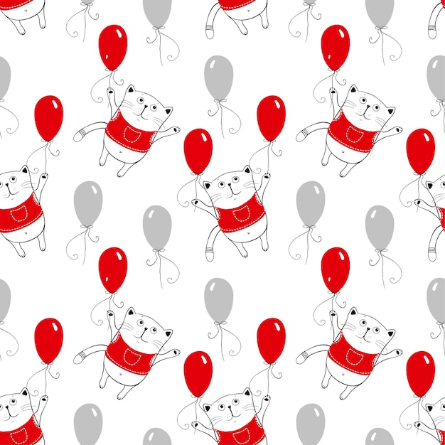 Gatos divertidos con globos rojos patrón vectorial sin costuras doodle art ilustraciones vectoriales