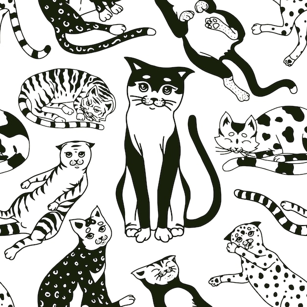 Gatos divertidos Patrón o fondo sin costuras Lindo divertido cartel de gatito doméstico Animales dormidos Banner de boceto grabado dibujado a mano para tela textil Ilustración vectorial en estilo doodle de contorno