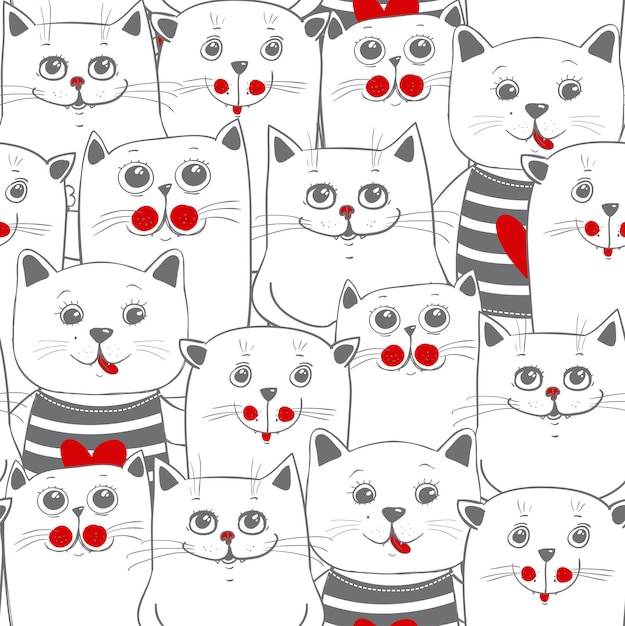 Gatos divertidos patrón de vector transparente Doodle art Vector ilustración