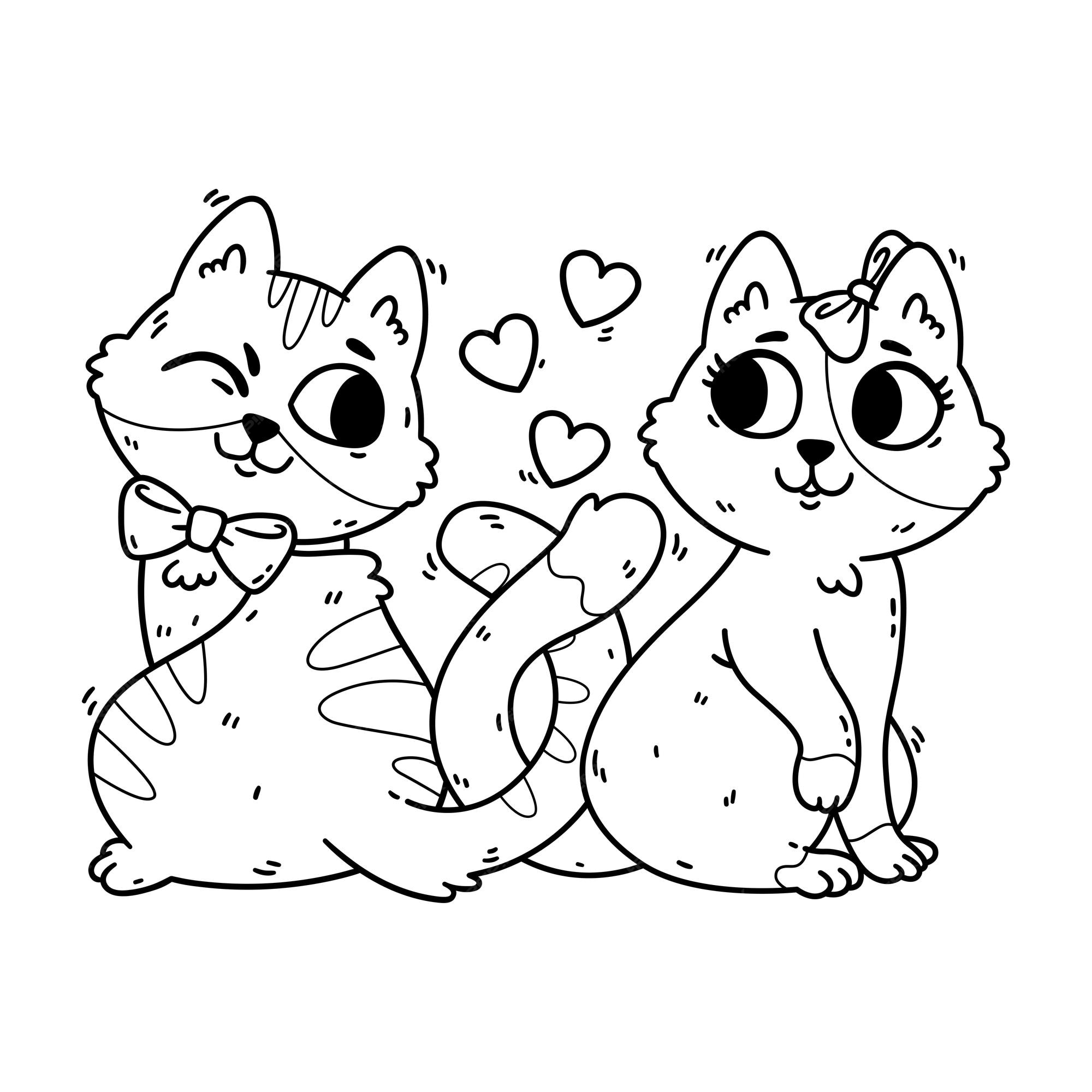 Los gatos se enamoran y se anudan la cola. postal del 14 de febrero con  animales domésticos. romántica tarjeta de felicitación del día de san  valentín de gatitos. página para colorear. ilustración