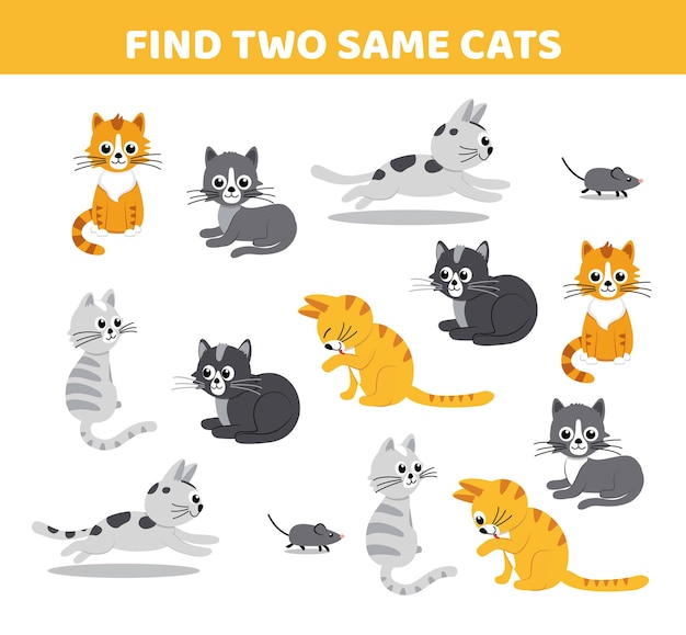 Gatos Encuentra dos imágenes iguales Juego para niños Vector de dibujos animados plana