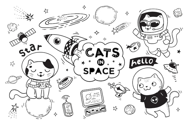 Gatos en el espacio doodle para niños