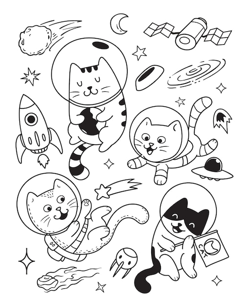 Vector gatos felices en el espacio doodle