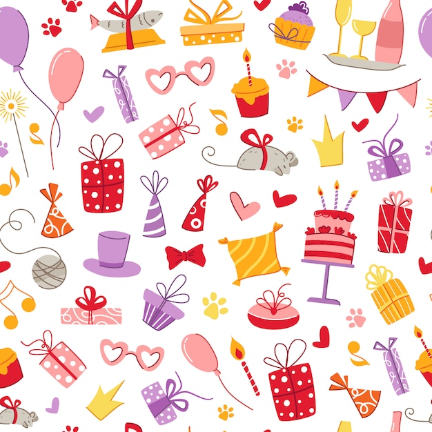 Gatos fiesta de cumpleaños mascotas accesorios de patrones sin fisuras - cajas de regalo, comida, almohada, pescado, ratón