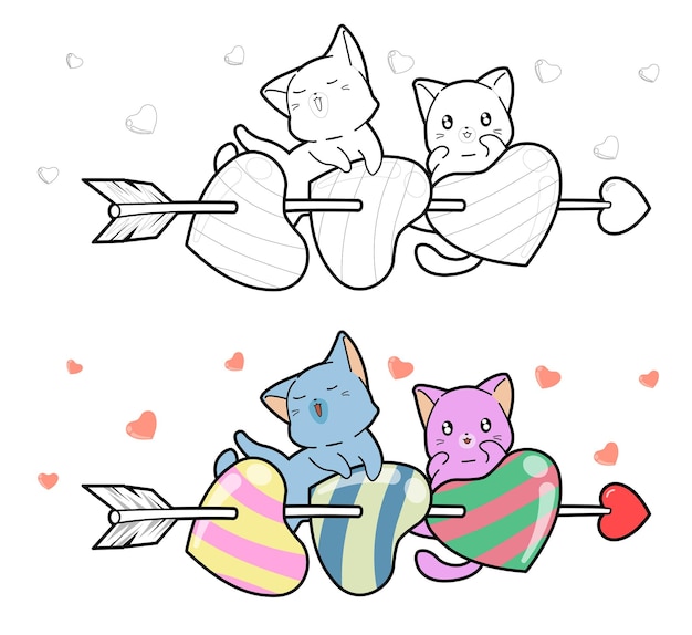 Gatos y flecha con corazones fácilmente página para colorear de dibujos animados para niños