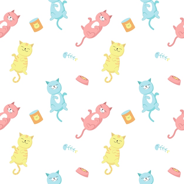Gatos graciosos vector de patrones sin fisuras. diseño creativo con gatos felices y juguetones para tela, textil, papel tapiz, papel de regalo.