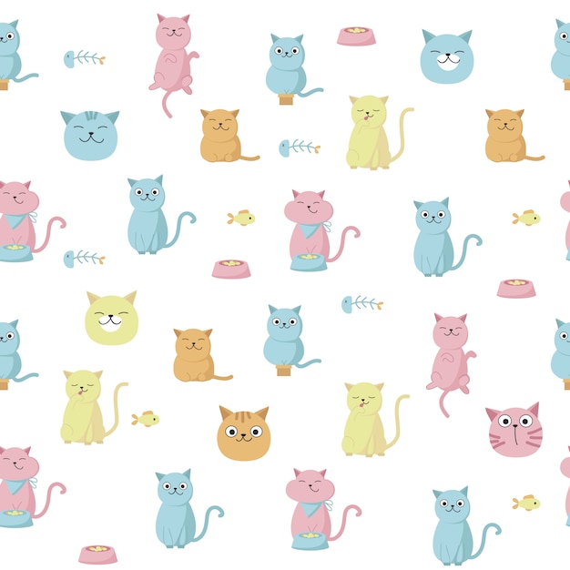 Gatos graciosos vector de patrones sin fisuras. diseño creativo con lamiendo, comiendo gatos para tela, textil, papel pintado, papel de regalo.