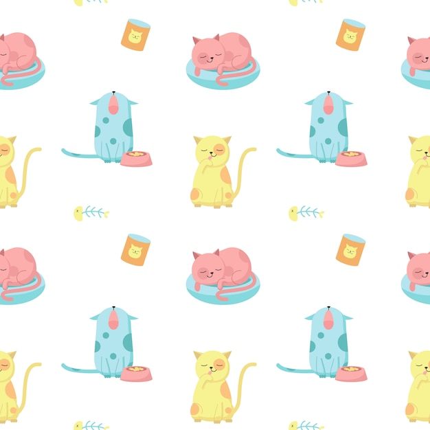 Gatos graciosos vector de patrones sin fisuras. diseño creativo para tela, textil, papel tapiz, papel de regalo con lindos gatos felices lamiendo, durmiendo, maullando.