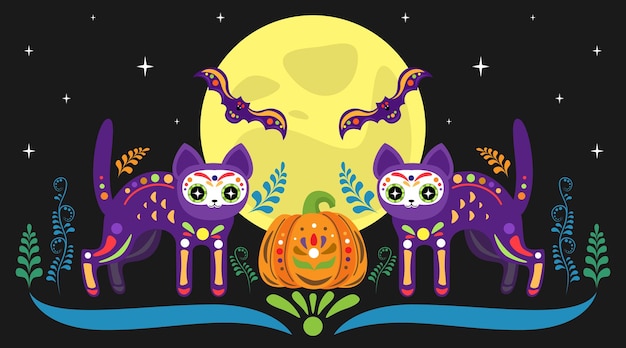 Vector gatos de halloween con calabaza contra el fondo de la luna