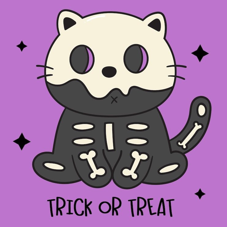 Vector los gatos de halloween, el gatito kawaii, la tarjeta espeluznante, el personaje lindo.