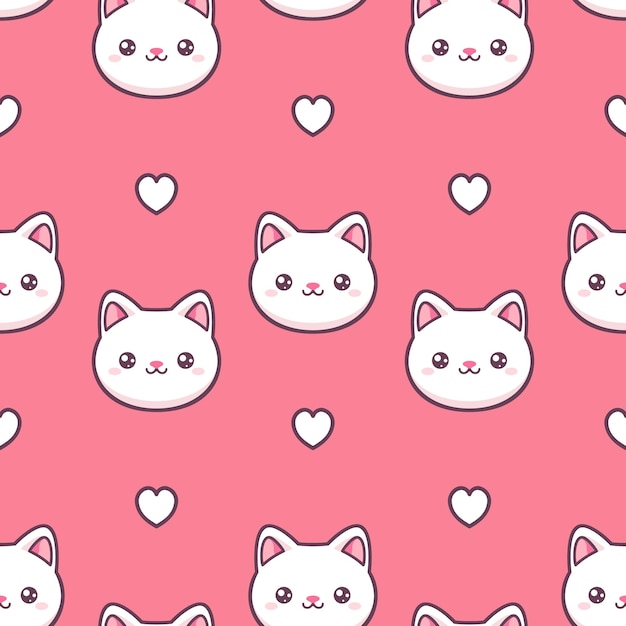 Gatos kawaii blancos y corazones en fondo rosado patrón sin costuras vectorial