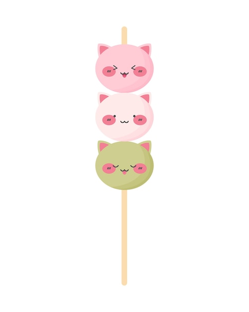 Los gatos kawaii lindos en el palo de dango Mochi Hanami dango