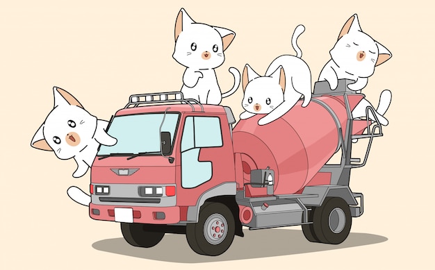Gatos lindos en camión hormigonera