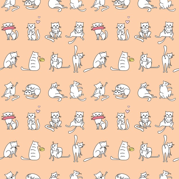Gatos lindos y divertidos con patrón sin costuras dibujado a mano ilustración vectorial de fondo