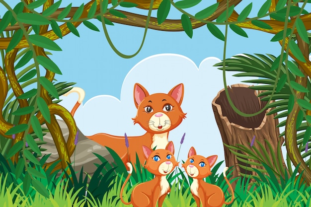 Vector gatos lindos en escena de la jungla