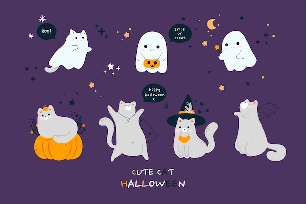 Gatos lindos en espeluznantes disfraces de Halloween establecidos Animales felinos divertidos y espeluznantes en sombreros para las vacaciones de otoño de monstruos gatitos muertos Miedo Ilustración de vector plano de color aislado sobre fondo blanco