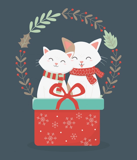 Gatos lindos con ilustración de decoración de corona de regalo roja