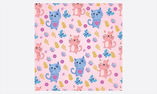 Gatos lindos y mariposas en un fondo rosado