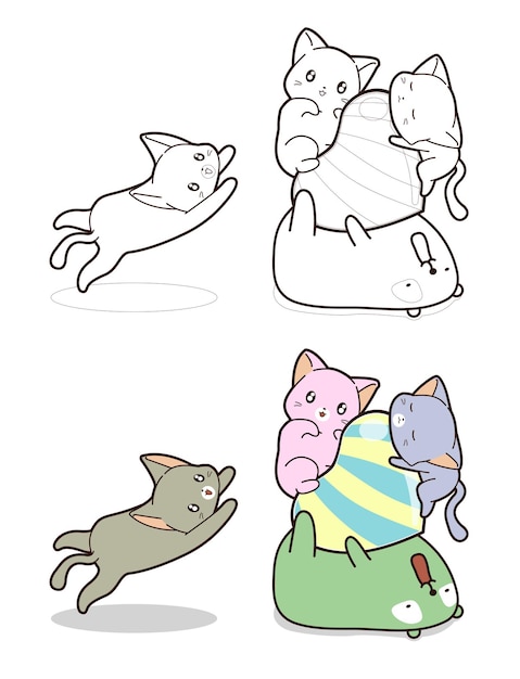 Gatos lindos y oso con gran página para colorear de dibujos animados de dulces en forma de corazón para niños